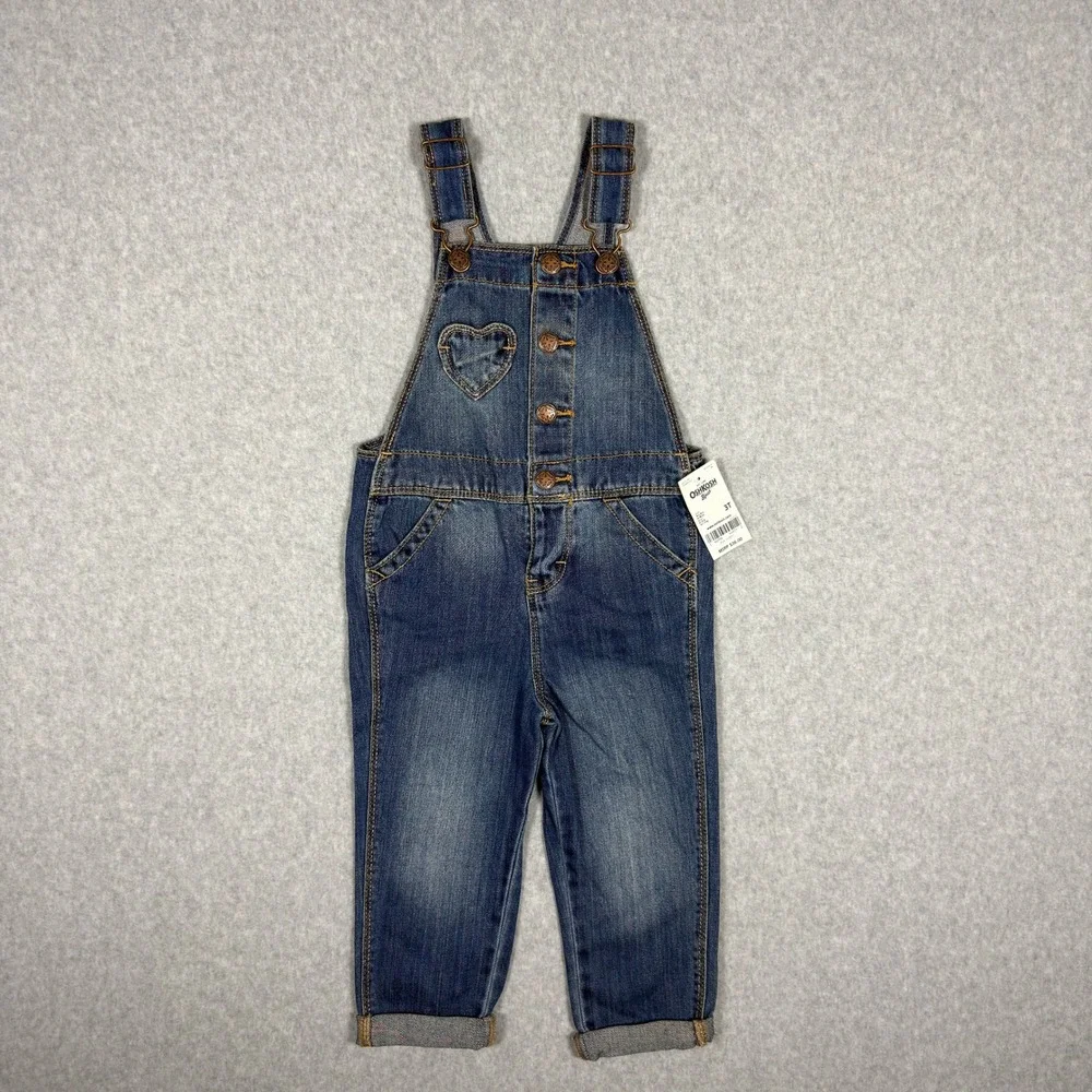 OshKosh Bgosh Kids Blue Denim Heart Pocket Overalls 3T OKT23769-3T